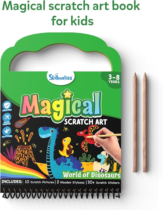 Skillmatics Scratch Art Book for Kids - Dinosaurs, Craft Kits & Supplies, 30+ Scratch Stickers, Travel Toys, DIY Kit, Gifts for Boys & Girls Ages 3, 4, 5, 6, 7, 8