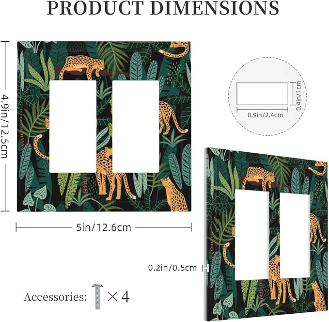 Jungle Cheetah Tropical Wildlife Leopard Green Palm Leaf Decorative Outlet Covers 2 Gang Double GFCI Rocker Electrical Wall Panels Light Switch Cover Plate for Farmhouse Home Decor