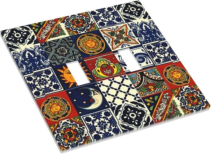 Mystic Aesthetic Boho Sun and Moon Mexican Talavera Tile Double Toggle Wall Plate Mysterious Hippy Kitchen Mosaic Decorative 2-Gang Light Switch Cover Electrical Receptacle Outlet Face Plate Cover