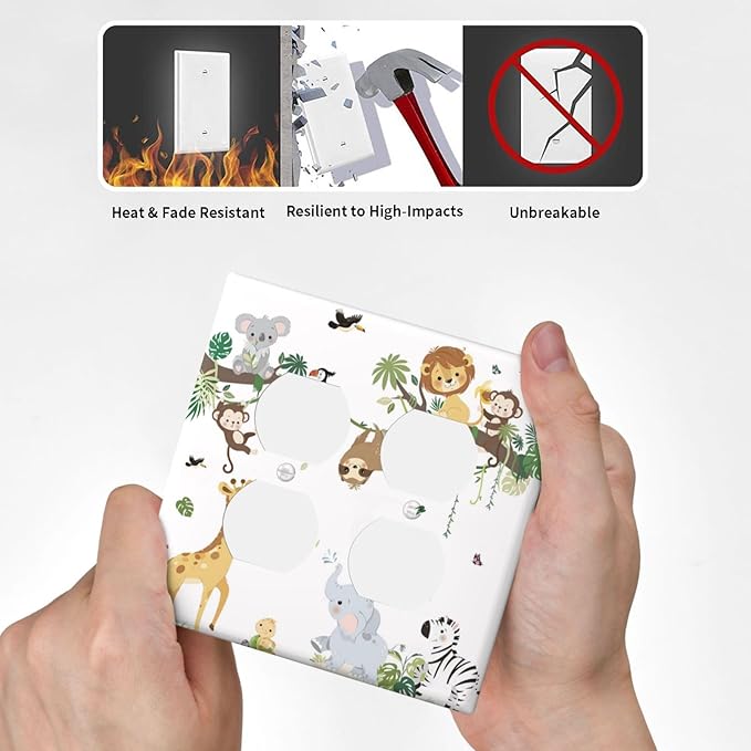Jungle Animals Tree Branch Monkey Giraffe Lion Elephant Outlet Covers 2 Gang Double Duplex Decorative Light Switch Covers Electrical Wallplates Socket Faceplate for Kids Room Nursery Decor