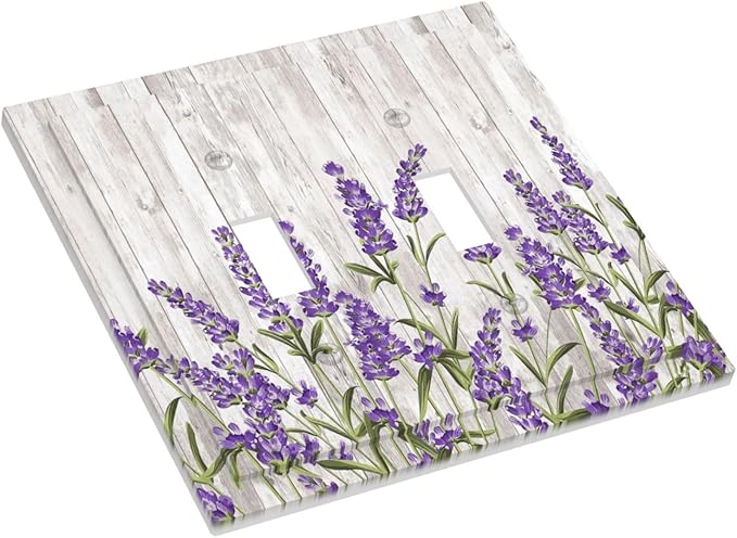 Purple Lavender Rustic Wooden Flowers Floral Plant Decorative Switch Plates 2 Gang Double Toggle Outlet Light Switch Cover Wall Plate Electrical Faceplate for Farmhouse Living Room Decor