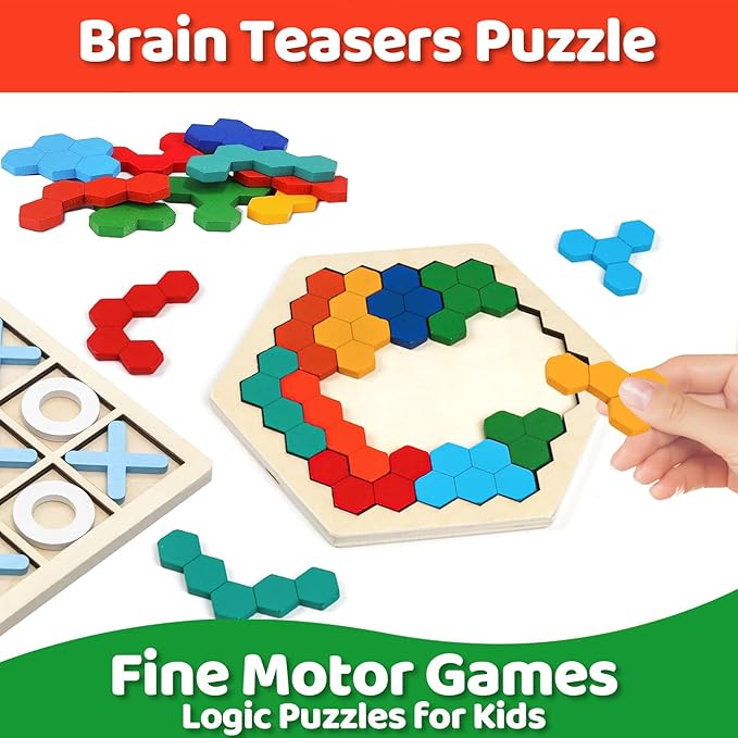 Wooden Puzzles Blocks Brain Teasers Logic Games for Classroom & Party Times,Jigsaw Puzzle Intelligence STEM Montessori Educatioanl IQ Toys Games for Kids Boys Girls Ages 3+ (3 Pack)