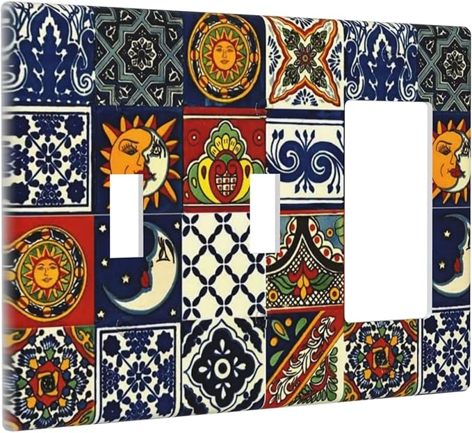 Boho Moroccan Mandala Mexican Tiles 3-Gang 2-Toggle 1-GFCI/Decorator Combination Light Switch Decorative Triple Combo Device Switches/Rocker Outlet Covers and Wall Plate