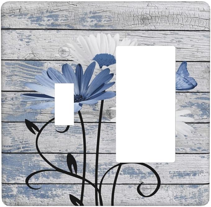 Blue White Daisy Flower Butterfly Rustic Wood Board Outlet Covers 1 Toggle 1 Rocker Combination Decorative Wall Plate Electrical Switch Plates Light Switch Cover Plate for Farmhouse Bedroom Decor