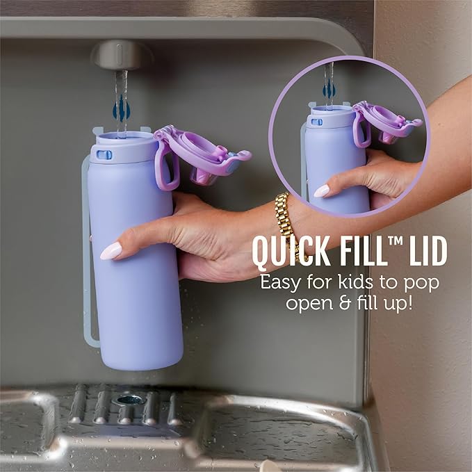 Ello Pop & Fill 18oz Stainless Steel Kids Water Bottle with Quick Fill Lid | Vacuum Insulated BPA Free Bottle with Leak Proof Straw and Chug Lid, Dishwasher Safe, Gift For Kids Teens, Purple Holo