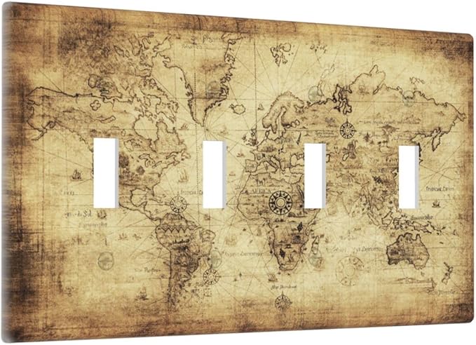 Old World Ocean Map 4 Gang Device Light Switch Cover Decorative Quad Toggle Wall Plate Decorative Electrical Faceplate for Home Bedroom Art Decorate