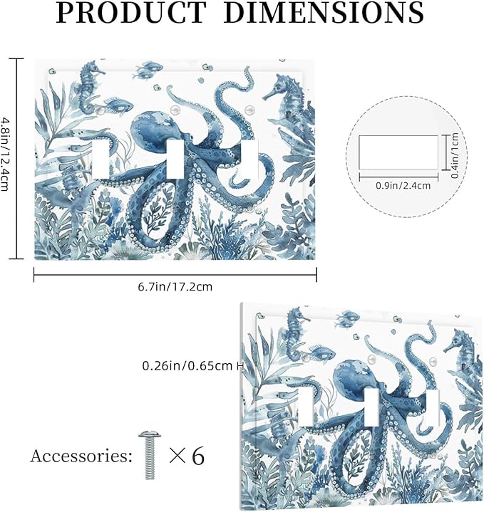 Blue Octopus Squid Seahorse Coral Watercolor Wild Sealife Decorative Switch Plates 3 Gang Wall Plate Triple Toggle Light Switch Cover Faceplate Electrical Wall Panels for Bathroom Kids Room Decor
