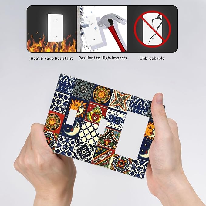 Boho Moroccan Mandala Mexican Tiles 3-Gang 2-Toggle 1-GFCI/Decorator Combination Light Switch Decorative Triple Combo Device Switches/Rocker Outlet Covers and Wall Plate