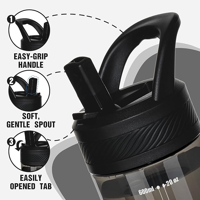 OLDLEY 20 kids Water Bottle with Straw,Tritan BPA-Free,Leak-Proof Design for Travel, Home, School, (Black)