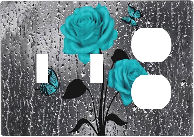 Women Elegant Turquoise Teal Blue Gray Rose Flower Raindrop Floral Butterfly 2 Toggle 1 Duplex Receptacle Light Switch Wall Plates and Outlet Cover Triple Device Combo Two Toggle One Receptacle Cover