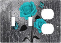 Women Elegant Turquoise Teal Blue Gray Rose Flower Raindrop Floral Butterfly 2 Toggle 1 Duplex Receptacle Light Switch Wall Plates and Outlet Cover Triple Device Combo Two Toggle One Receptacle Cover