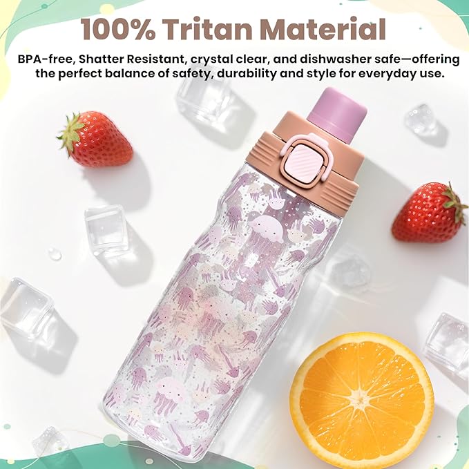 PIQUEBAR Kids insulated Water Bottle 17oz & Sport Water Bottle 24oz Set, Stainless Steel Metal Vacuum Water Bottles, Leakproof Tritan Sport Water Bottles for School Boys Girls, Pink Jellyfish