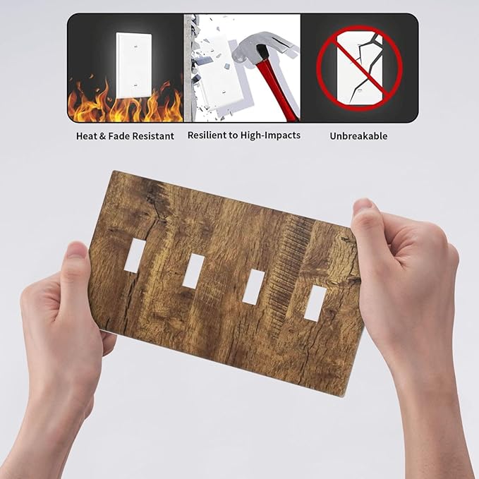 Rustic Brown Wood Distressed Wood Print Light Switch Covers Quad Toggle Electrical Faceplate 4 Gang Wall Plate Decorative Switch Plates Cover for Farmhouse Home Decor