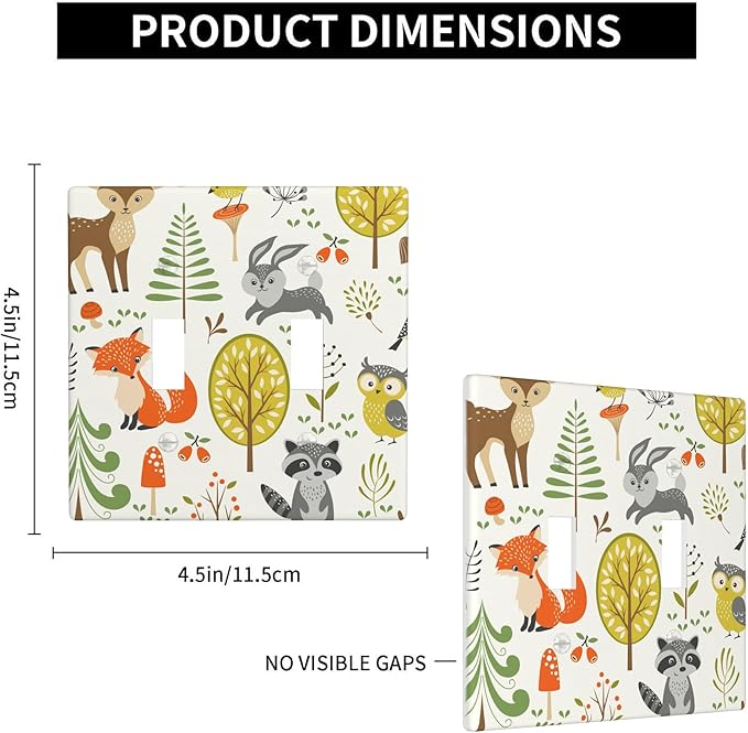 Woodland Animals 2-Gang Double Toggle Switch Plate, Forest Mushroom Wall Plate for Nursery, Kids Room, Playroom & Cabin