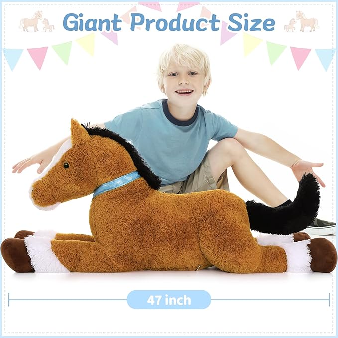 Tezituor 4ft Darkbrown Horse Stuffed Animals, 47Inches Realistic Stuffed Pony Plush Toys for Ridding, Hugging Soft Horse Plush Body Pillow Christmas Birthday Gift for Boys Girls