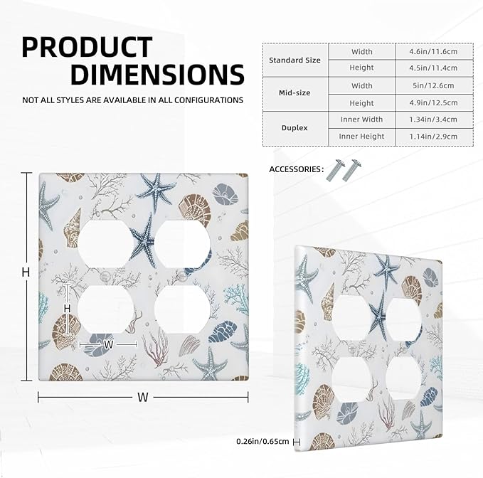 Ocean Starfish Seashells Nautical Coastal Sea Coral Outlet Covers 2 Gang Double Duplex Decorative Light Switch Covers Electrical Wallplates Socket Faceplate for Kids Room Nursery Decor