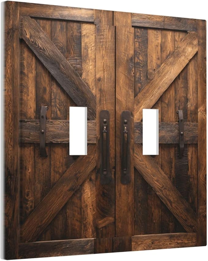 Decorative Light Switch Cover Plate Retro Brown Wood Barndoor 2 Gang Outlet Covers Double Toggle Wall Plates for Electrical Outlets Switch Plate Covers Faceplate for Farmhouse Decor