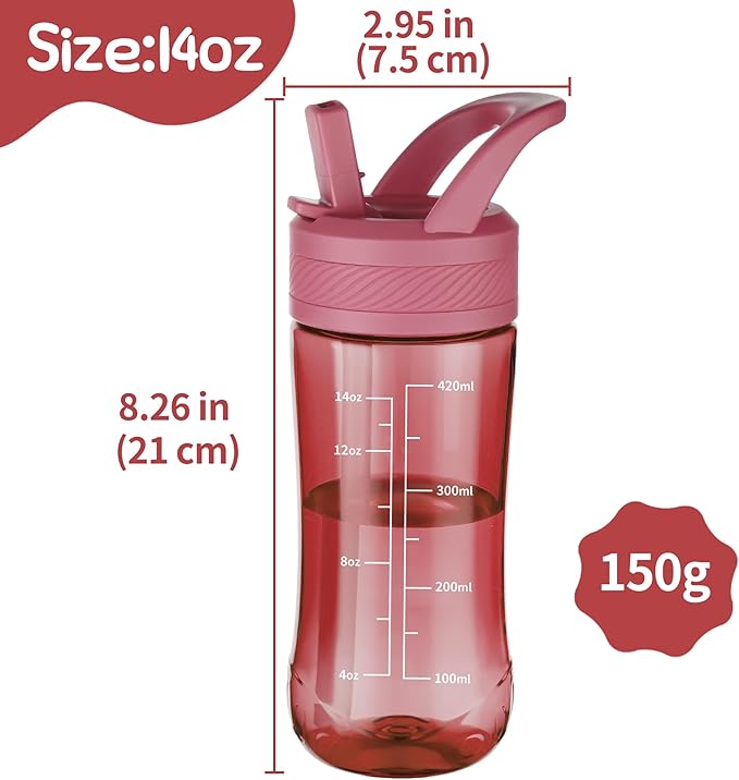 Kids Clear Water Bottle 14oz Flip with Straw Carry Handle, Leakproof, Reusable, Tritan, BPA Free, Suitable for Boys and Girls, Red