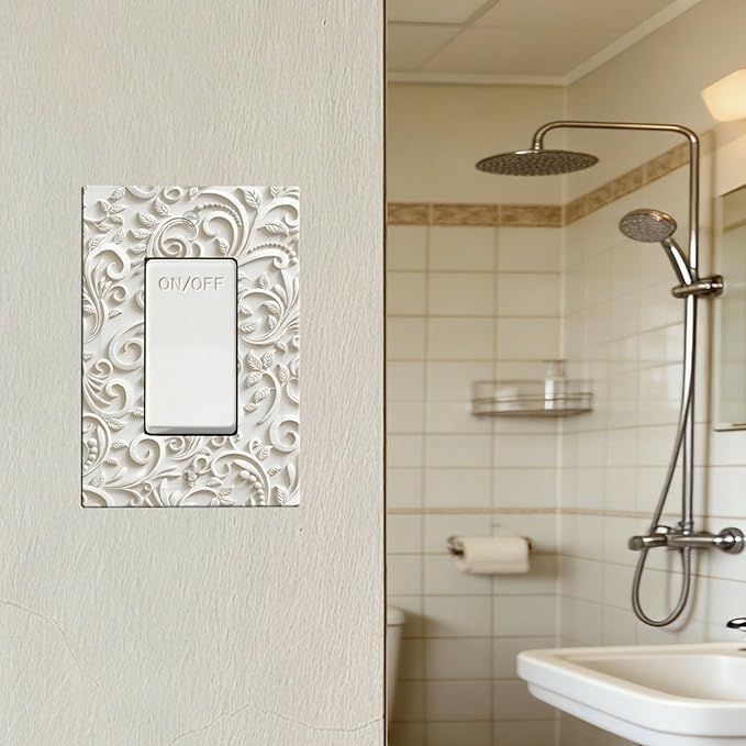 White Floral Vine 1-Gang Rocker Light Switch Plate, French Scroll Printed Pattern Decorative Wall Plate, Neutral Farmhouse Decor for Bedroom Bathroom Living Room