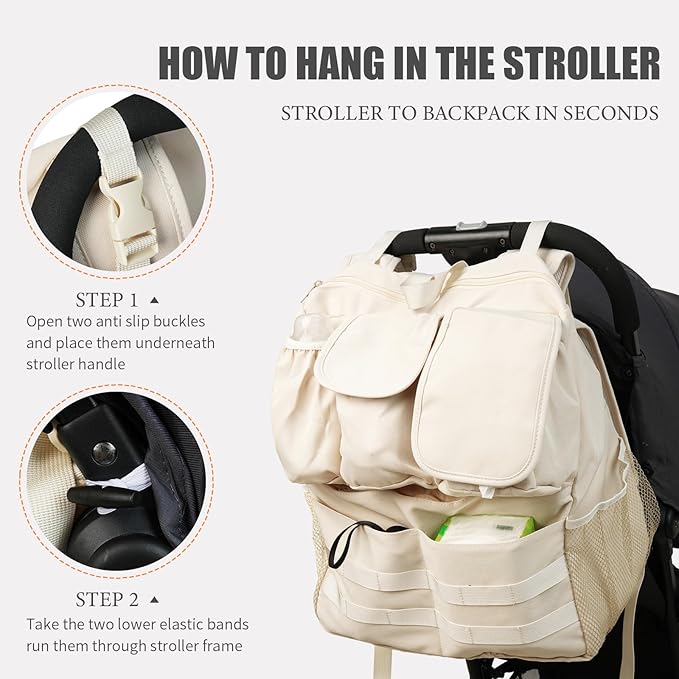 2-in-1 Stroller Organizer Baby Diaper Bag Backpack,Insulated Bottle Holder,Wipes and Phone Pocket,Shoulder Strap Toddler Travel Essential Storage Universal Stroller Accessory (Beige)