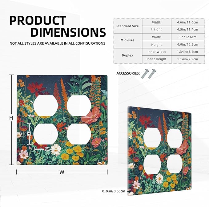 Decorative Outlet Covers with Wildflowers & Stars Botanical Floral Art Design 2 Gang Wall Plate Double Duplex Receptacle Light Switch Cover Switch Plate Cover for Garden Theme Wall Decor