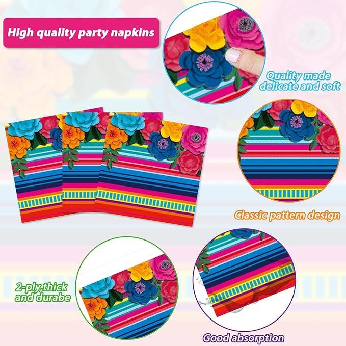 200pcs Mexican Fiesta Plates Napkins Floral Paper Tableware Set Fifth of May Serape Stripes Cake Disposable Dinnerware Pinata Mexico Taco Party Decoration for Baby Shower Birthday Supplies Serves 50