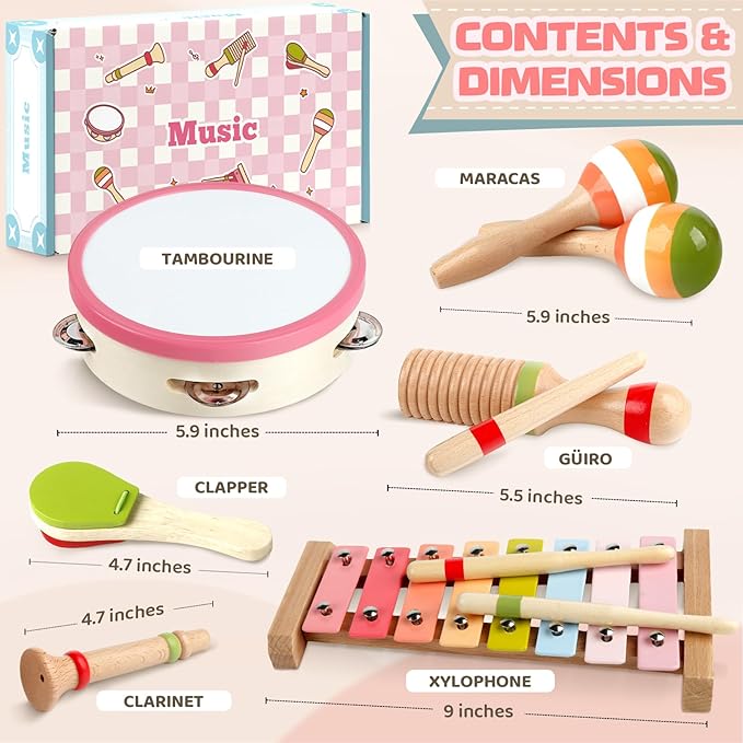 Baby Musical Instruments - Montessori Wooden Musical Toys for Toddlers 1-3, Xylophone Maracas Tambourine Percussion Set, Kids Preschool Music Learning Toys, Educational Birthday Gifts (Rainbow)