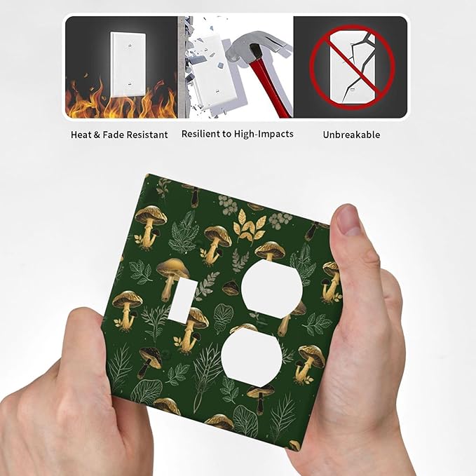 Decorative Outlet Covers Cute Gold Mushtroom Green Plant Leaf 2 Gang Light Switch Cover Plate Single Toggle Duplex Wall Plates for Electrical Outlets Switch Plate Covers for Home Decor
