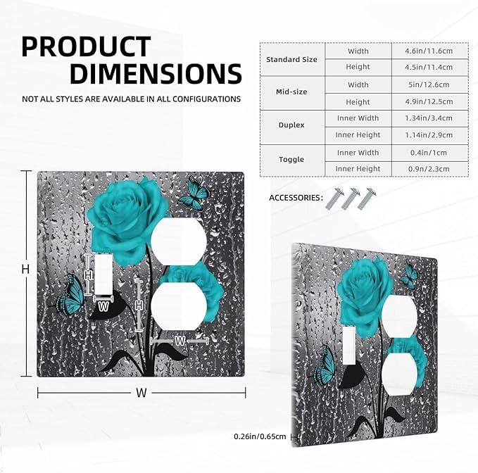 2-Gang 1-Toggle 1-Duplex Combination Wall Plate Women Elegant Butterfly Teal Blue Gray Rose Flower Water Raindrop Floral Two Combo Double Device Toggle/Outlet Receptacle Light Switch Face Plate Cover