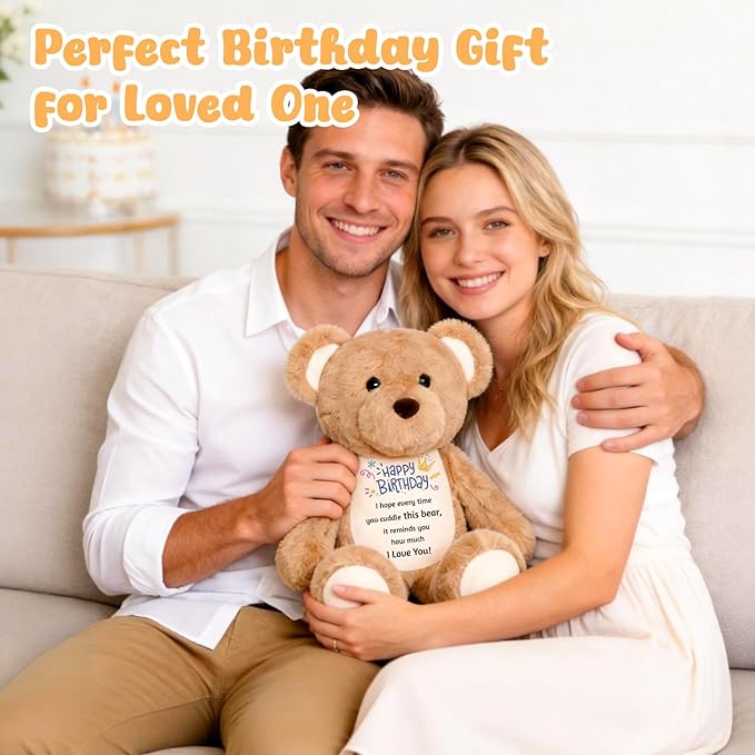15" Happy Birthday Teddy Bear with Heartfelt Message - Soft Cuddly Plush Toy - Romantic & Sentimental Birthday Gift for Girlfriend, Wife, Kids, Daughter, Son - I Love You Keepsake