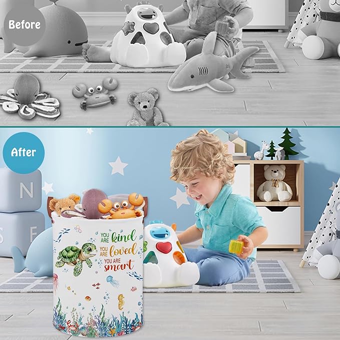 Turtle Kid Laundry Basket 45L,Ocean Themed Bedroom Decor Baby Clothes Hamper,Fish Under The Sea Nursery Decor Beach Pool Towel Storage Bin Pool Toy Box (Blue)