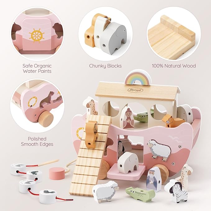 Joyreal Pink Wooden Noah's Ark Toy for 1 Year Old Baby Girl Baptism Gift - Montessori Educational Toy with Animal Shape Sorter - Christian Toys for Toddler Boy 1-3 Years Old Christmas Birthday Gift