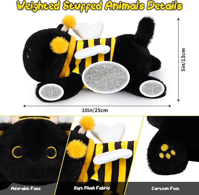 Weighted Cat Stuffed Animal,Bee Black Cat Plush Soft Weighted Plushies,Cute Plush Toys with Removable Honeybee Outfit Costume,Sensory Comfort Huggable Weighted Plush Animals Gifts for Kids