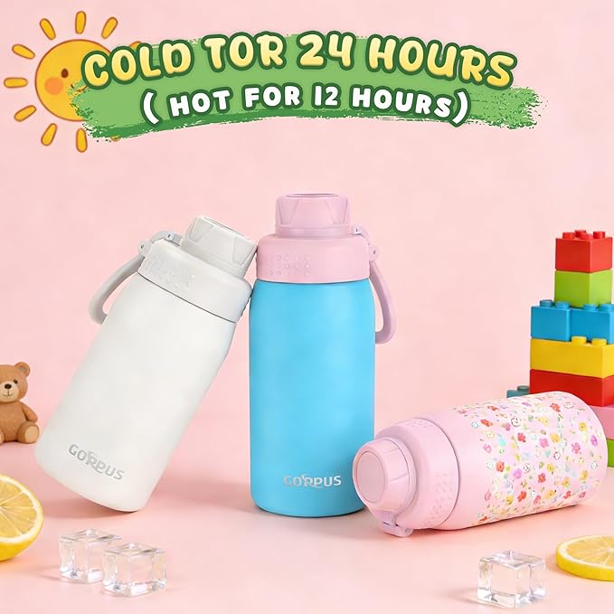 GOPPUS 15oz Kids Water Bottle with Spout Lid, Toddler Water Bottle, Stainless Steel Insulated Water Bottle, Leakproof, BPA Free, Suitable for Boys and Girls for School（Warm White）