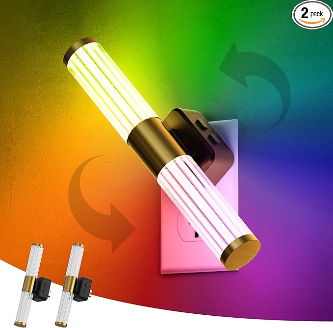 L LOHAS LED Night Lights Plug into Wall, RGB Color Changing Night Light for Kids, Acrylic Rotating Nightlight Dimmable with Light Sensor, for Bedroom Bathroom Hallway Children Christmas Party, 2 Pack