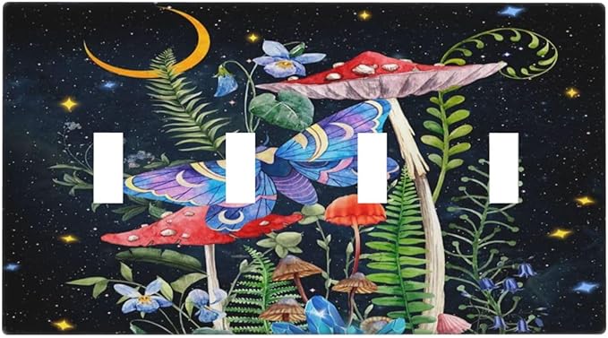 Moon Snail Boho Moth Mushroom Moon 4 Gang Quad Toggle Device Decorator Light Switch Cover Black Moth Witchy Botanical Plant Galaxy Night Starry Wall Plate Decorative Electrical Faceplate Switchplate