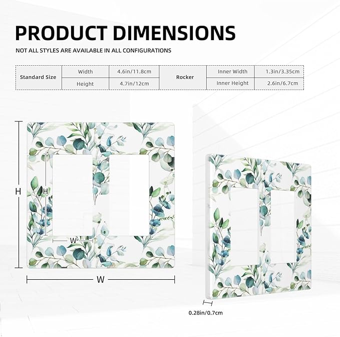 Decorative Double Decorator/GFCI Wall Plate 2 Gang Green Eucalyptus Leaves, Spring Summer Tree Sage Olive Leaf Electrical Outlet Rocker/GFCI Light Switch Cover Faceplate Covers Screwless for Dimmer