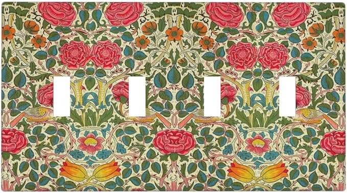 William Morris Roses Floral Quad Toggle Light Switch Cover VintageTulip Flower Plant Bird 4 Gang Wall Plate Decorative Electrical Switchplates Covers for Bedroom Living Room Decor