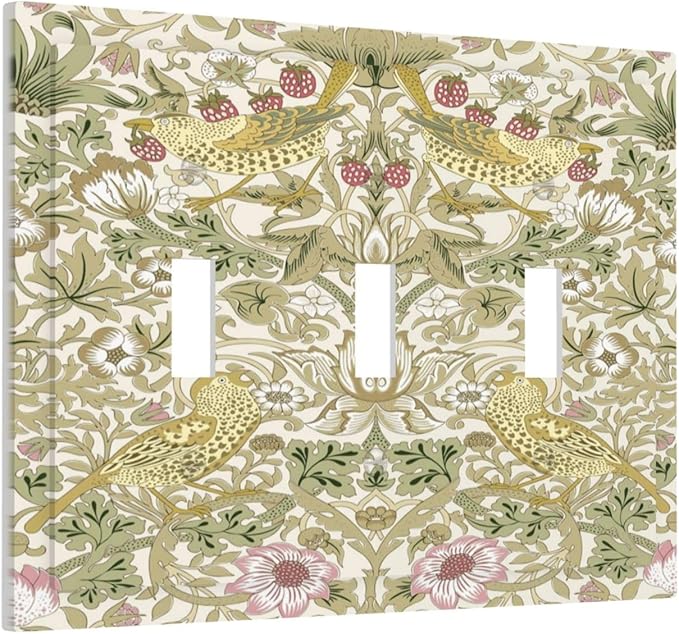 William Morris Vintage Strawberry Bird Botanical Decorative Switch Plates 3 Gang Wall Plate Triple Toggle Light Switch Cover Faceplate Electrical Wall Panels for Farmhouse Home Decor