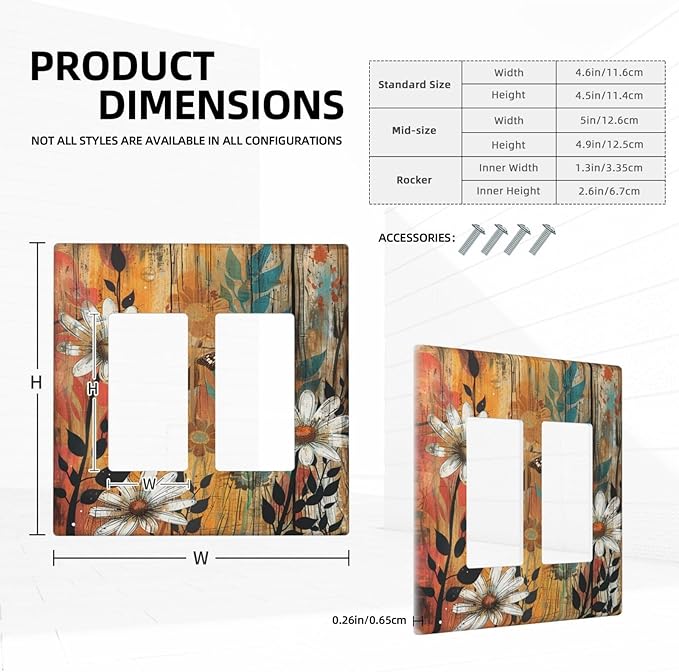 Light Switch Cover Plate Vintage Wooden Daisies Butterflies Floral 2 Gang Double Rocker Outlet Covers Decorative Switch plates Electrical Wall Plates GFCI Receptacle for Bathroom Farmhouse