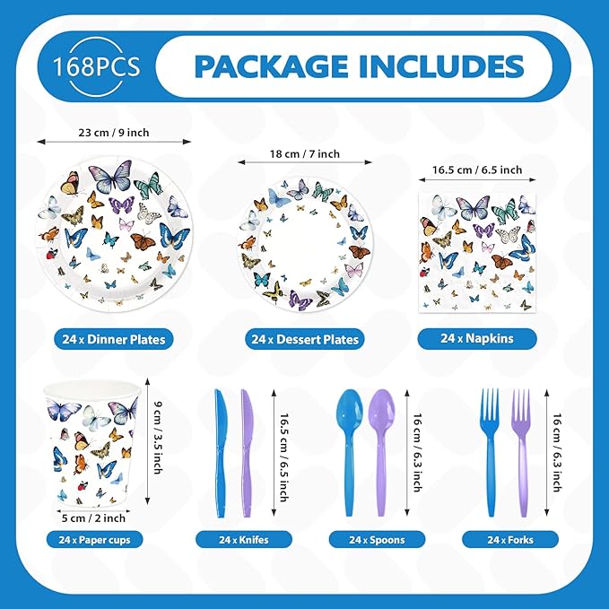 168Pcs Butterfly Paper Plates and Napkins Butterfly Party Plates Disposable Fancy Butterflies Decorations for Girls Spring Bridal Shower Wedding Picnic Holiday Birthday Party Supplies Serves 24