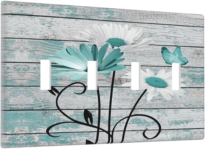 Teal White Daisy Flower Butterfly On Rustic Wood Board Light Switch Covers Quad Toggle Electrical Faceplate 4 Gang Wall Plate Decorative Switch Plates Cover for Farmhouse Bedroom Decor
