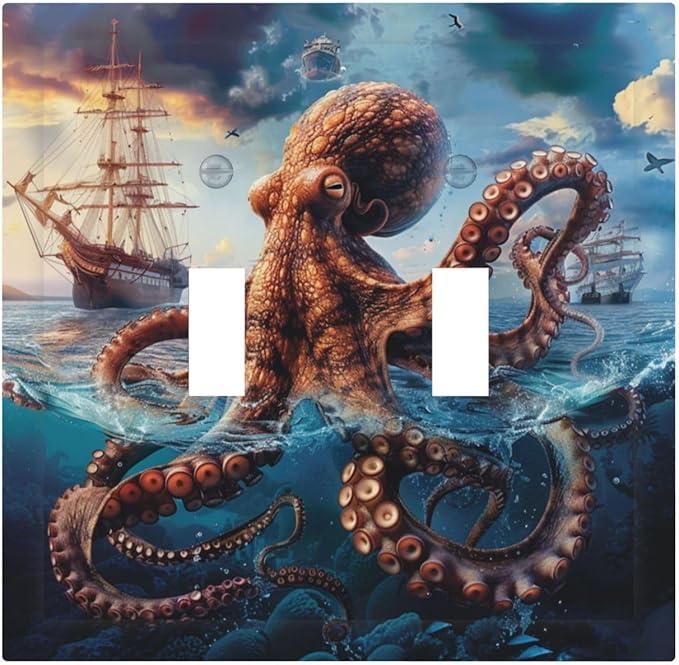 Light Switch Cover Plate Deep Ocean Octopus Sailboat Sea Monster 2 Gang Double Toggle Decorative Switch Plates Plug Cover Wall Plates Electrical Faceplate for Bathroom Bedroom Decor