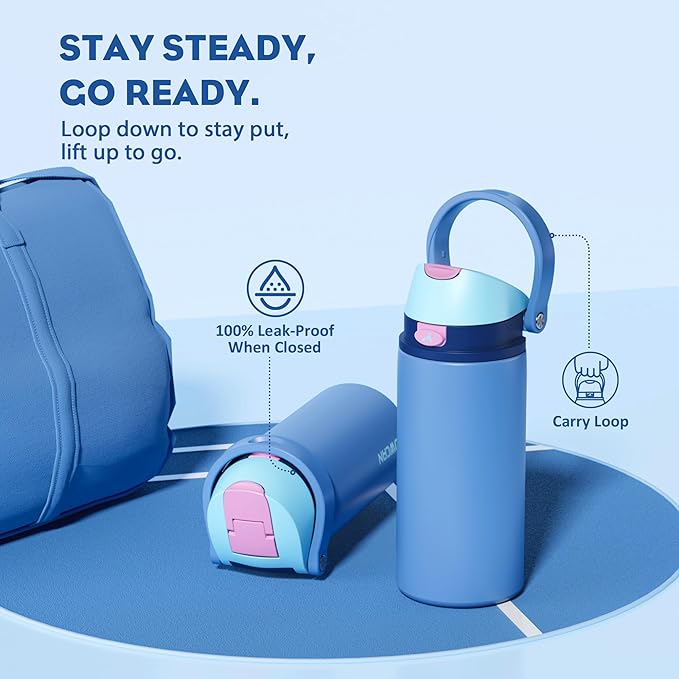 POWCAN 18 oz Metal Sports Water Bottle: 2-in-1 Push-Button Spout & Quick-Flip Straw, Leakproof, Cold 24Hrs, Lockable, Fits Car Cup Holder, Insulated Steel Cup for School, Hiking, Gift (Ohana Blue)