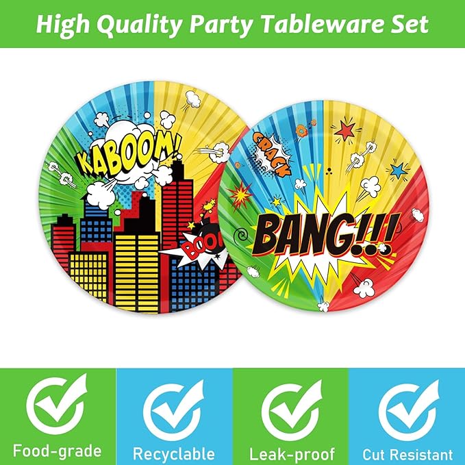 gisgfim 96 Pcs Super Theme Hero Party Plates and Napkins Party Supplies Hero Themed Party Tableware Set Hero Action Disposable Decorations Favors for Birthday Baby Shower for 24 Guests