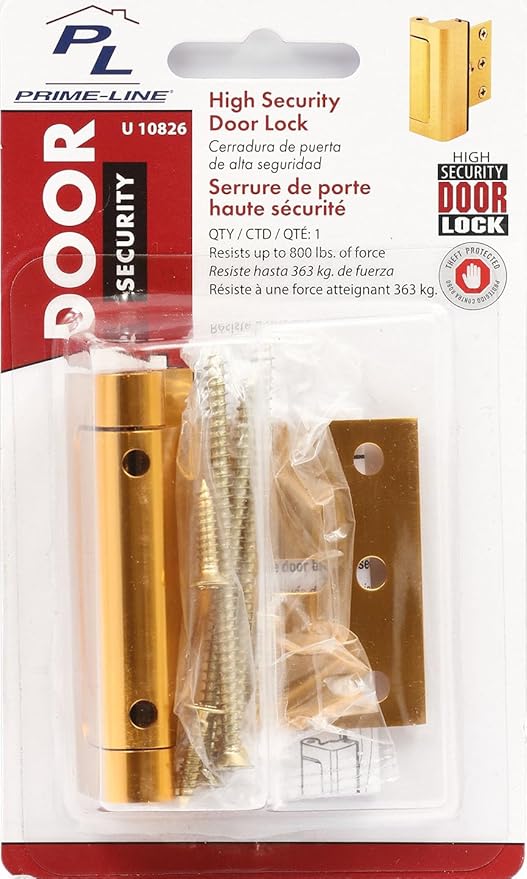 Prime-Line U 10826 Door Reinforcement Lock – Add Extra, High Security to your Home and Prevent Unauthorized Entry – 3” Stop, Aluminum Construction, Gold Anodized Finish (Single Pack)