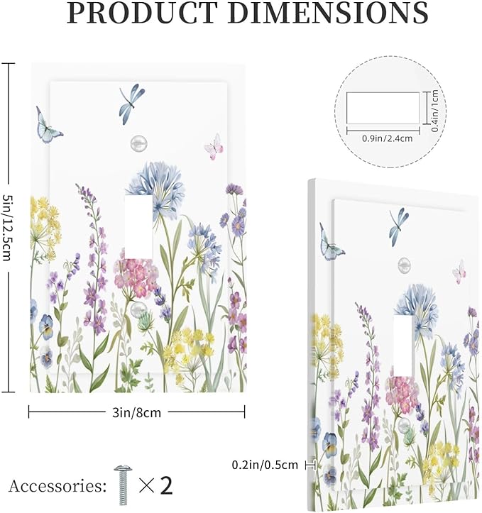 Colorful Wildflowers Dragonfly Lavender Butterfly Insect Decorative Light Switch Cover 1 Gang Single Toggle Device Electrical Faceplate Switchplates Decorator Outlet Wall Plate for Bedroom Living Room