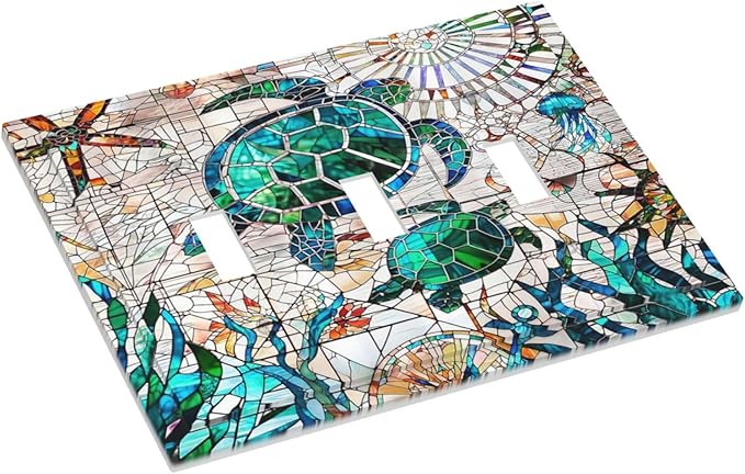Nautical Blue Sea Ocean Turtle Triple Toggle Decorator Outlet Light Switch Wall Plate Cover Compass Anchor Underwater Sealife Animals Jumbo Decorative 3 Gang Three Device Receptacle Faceplate Cover