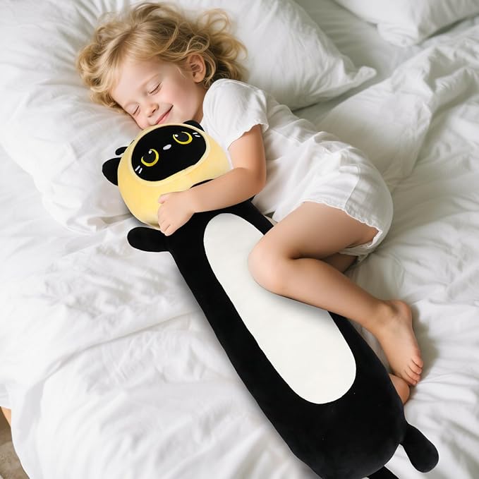 36 inch Black Cat Bee Stuffed Plush Toy, Kitty Stuffed Animals Honeybee Body Pillow, Kawaii Soft Plushie Gfit for Kids Boys Girls, Birthday