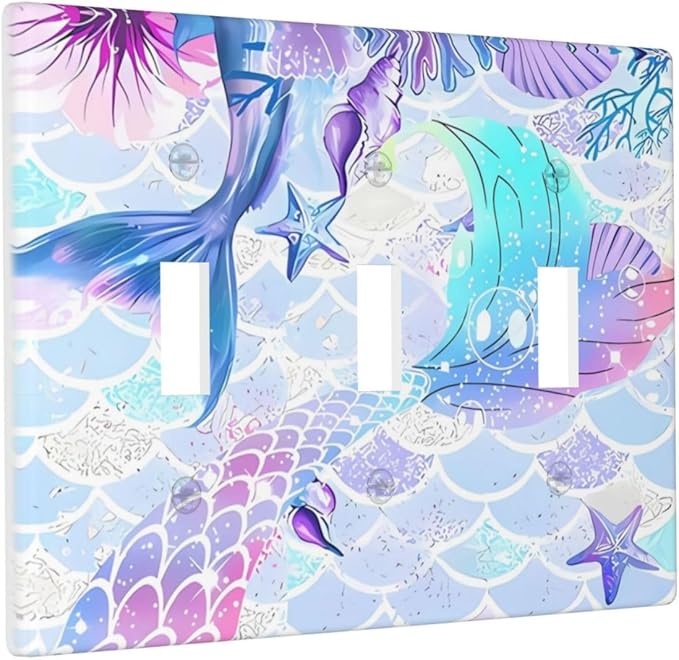Mermaid Girl Light Switch Cover Plates Decorative 3 Gang Triple Toggle Wall Plate Electrical Switchpalte Faceplate for Kid Bedroom Home Bathroom Decor 6.4" x 4.5"